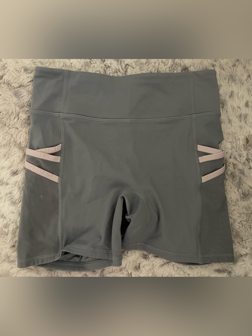Fabletics Women’s High-Waist Gray Performance Bike Shorts with Pink Accents S